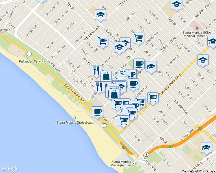 map of restaurants, bars, coffee shops, grocery stores, and more near in Santa Monica
