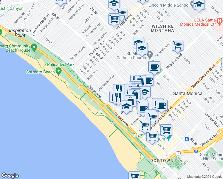 map of restaurants, bars, coffee shops, grocery stores, and more near 1044 3rd Street in Santa Monica