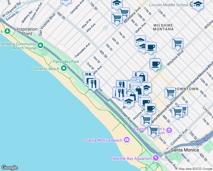 map of restaurants, bars, coffee shops, grocery stores, and more near 1017 2nd Street in Santa Monica