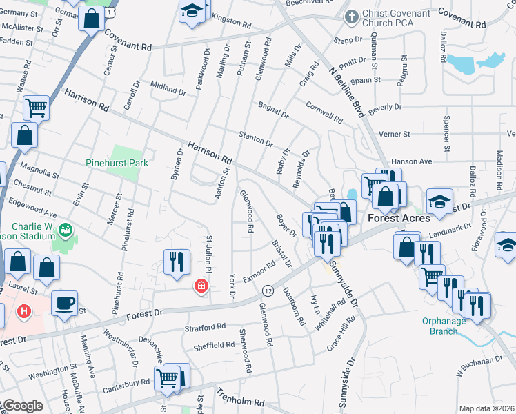 map of restaurants, bars, coffee shops, grocery stores, and more near 1918 Bristol Drive in Columbia
