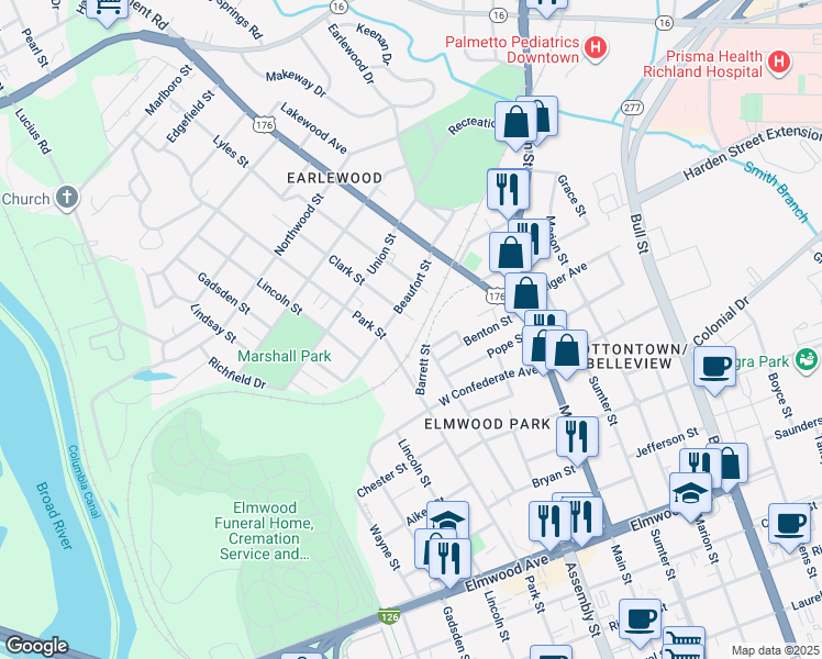 map of restaurants, bars, coffee shops, grocery stores, and more near 2701 Clark Street in Columbia