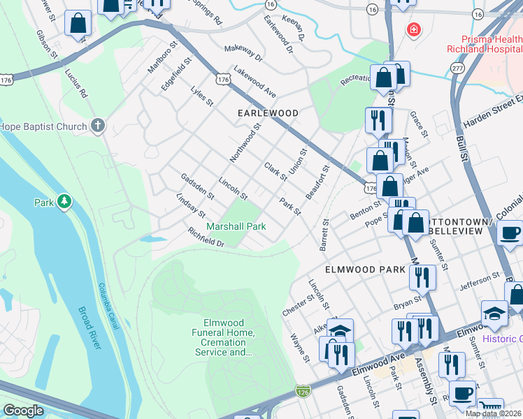 map of restaurants, bars, coffee shops, grocery stores, and more near 2828 Lincoln Street in Columbia