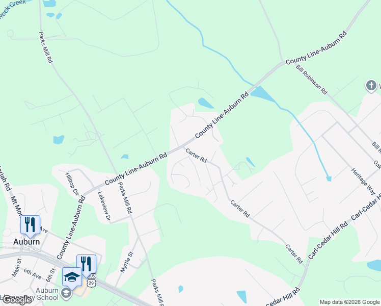 map of restaurants, bars, coffee shops, grocery stores, and more near 312 Carter Road in Auburn