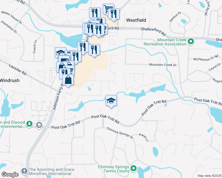 map of restaurants, bars, coffee shops, grocery stores, and more near 4557 Wenden Lane in Marietta