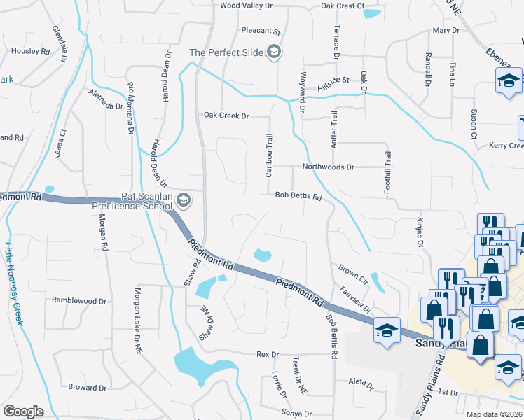 map of restaurants, bars, coffee shops, grocery stores, and more near 2185 Waldrop Road in Marietta