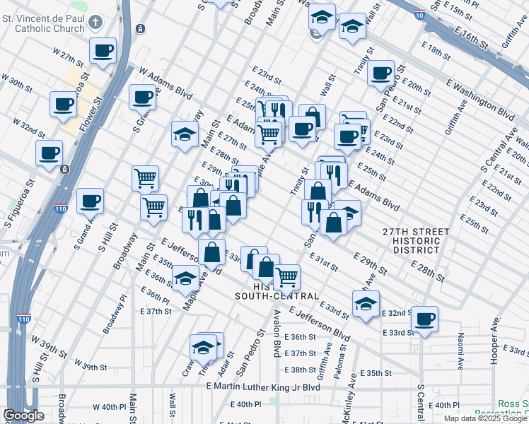 map of restaurants, bars, coffee shops, grocery stores, and more near 441 East 30th Street in Los Angeles