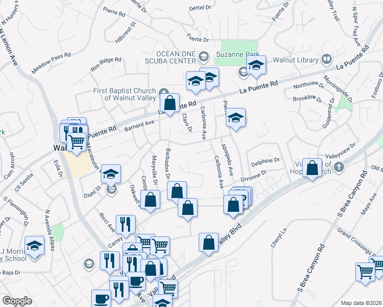 map of restaurants, bars, coffee shops, grocery stores, and more near 20603 Evant Drive in Walnut