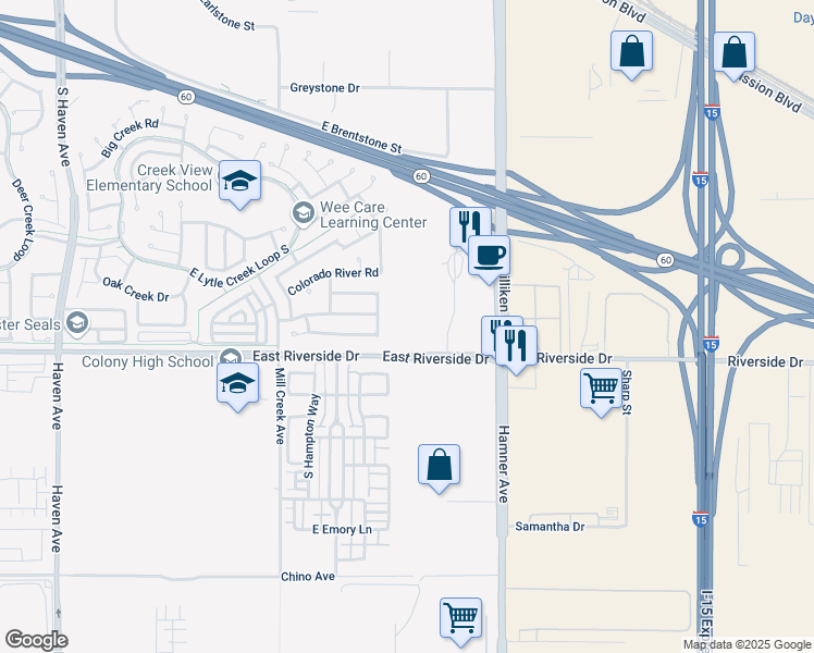 map of restaurants, bars, coffee shops, grocery stores, and more near 11130 East Riverside Drive in Ontario