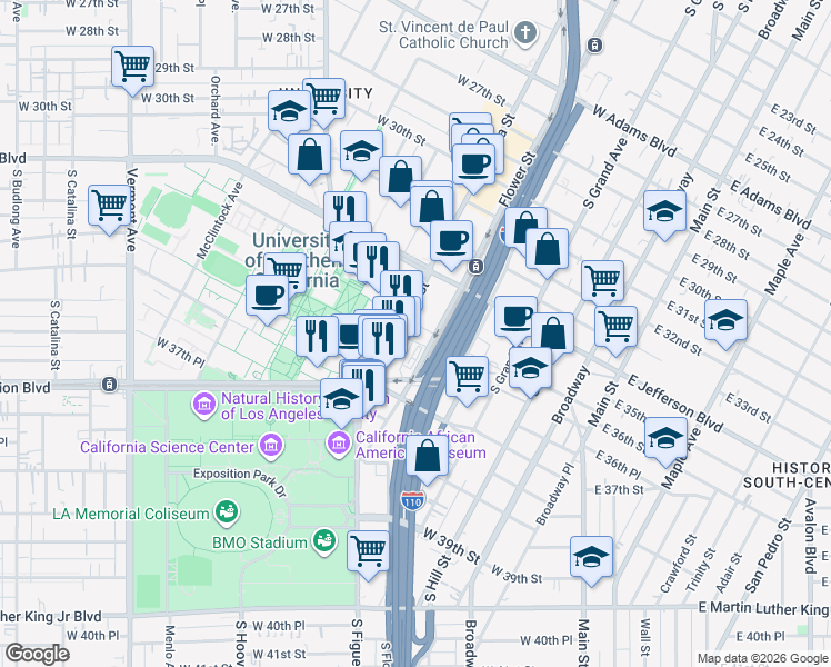 map of restaurants, bars, coffee shops, grocery stores, and more near 3500 South Figueroa Street in Los Angeles