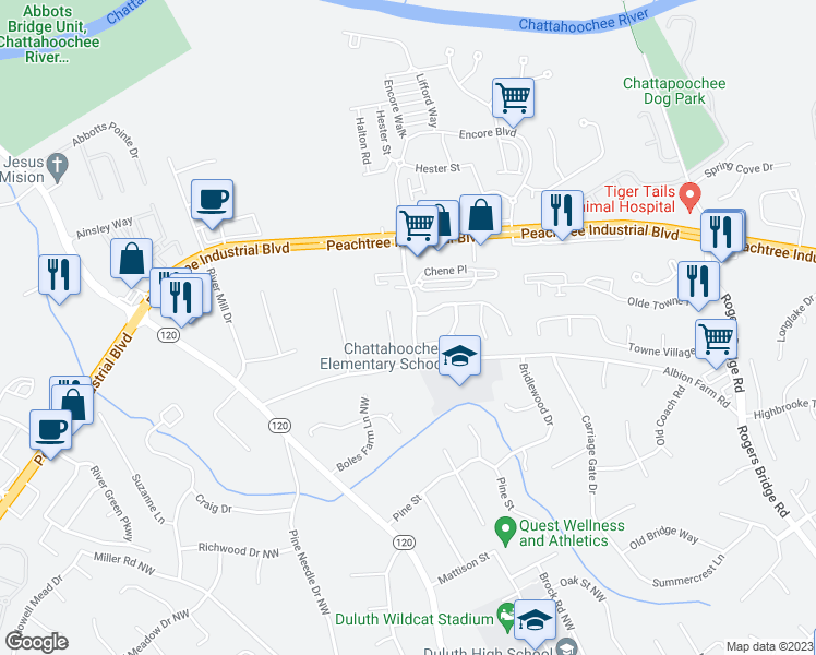 map of restaurants, bars, coffee shops, grocery stores, and more near 4020 Chattahoochee Trace in Duluth