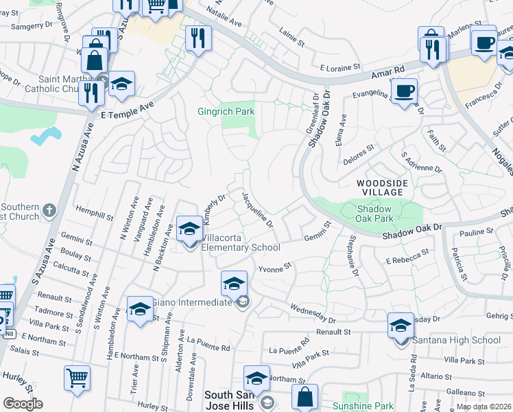 map of restaurants, bars, coffee shops, grocery stores, and more near 2942 Jacqueline Drive in West Covina