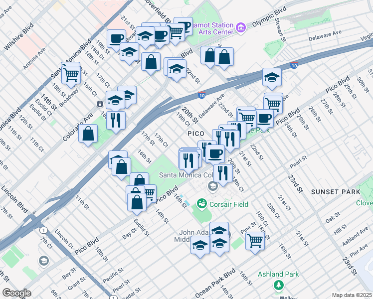 map of restaurants, bars, coffee shops, grocery stores, and more near 1933 18th Street in Santa Monica