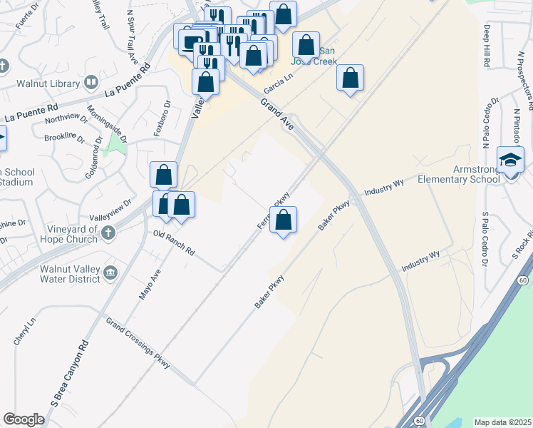 map of restaurants, bars, coffee shops, grocery stores, and more near 21491 Ferrero Parkway in Walnut