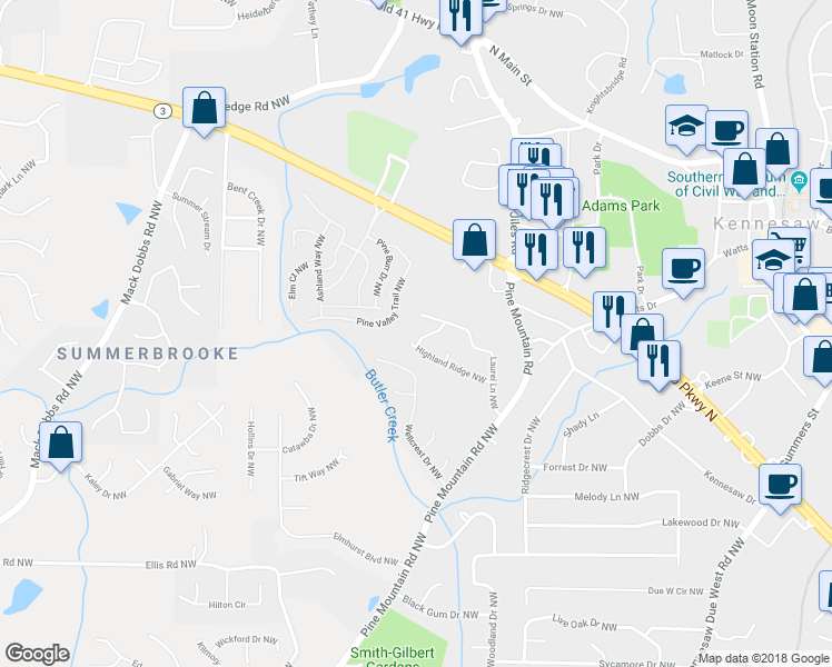map of restaurants, bars, coffee shops, grocery stores, and more near 2802 Pine Valley Way Northwest in Kennesaw