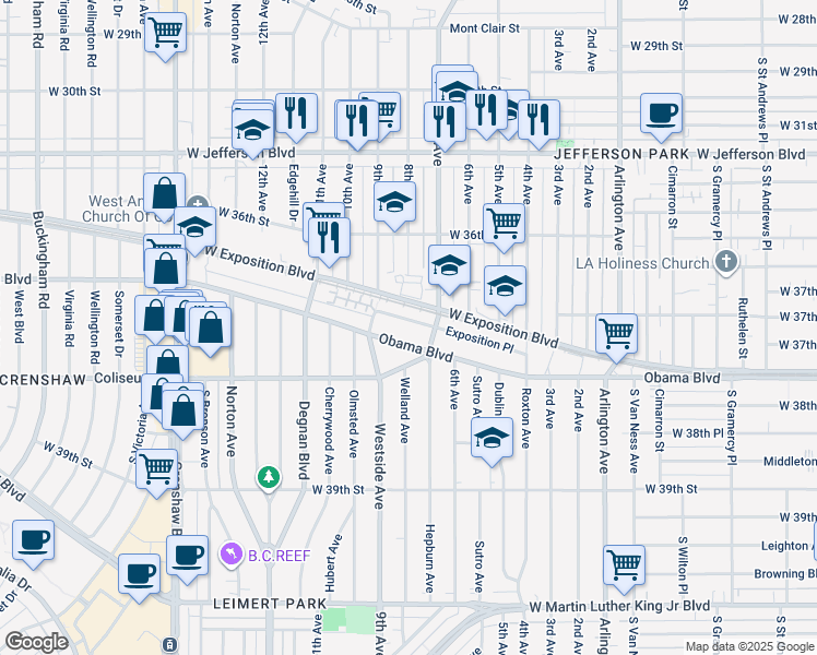 map of restaurants, bars, coffee shops, grocery stores, and more near 2728 West Exposition Place in Los Angeles