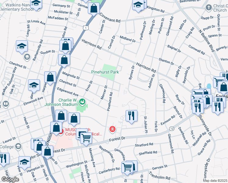 map of restaurants, bars, coffee shops, grocery stores, and more near 2228 Pinehurst Road in Columbia