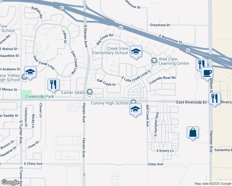 map of restaurants, bars, coffee shops, grocery stores, and more near 3669A Country Oaks Loop in Ontario