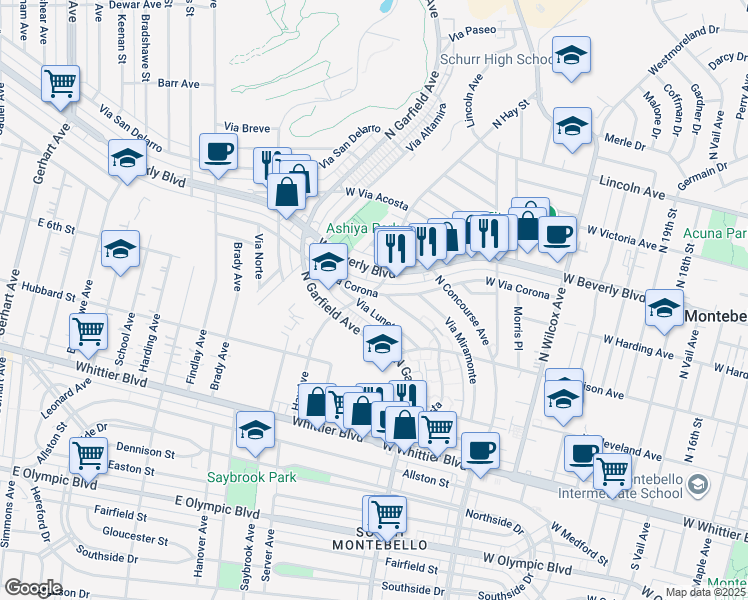 map of restaurants, bars, coffee shops, grocery stores, and more near 2557 West Via Corona in Montebello