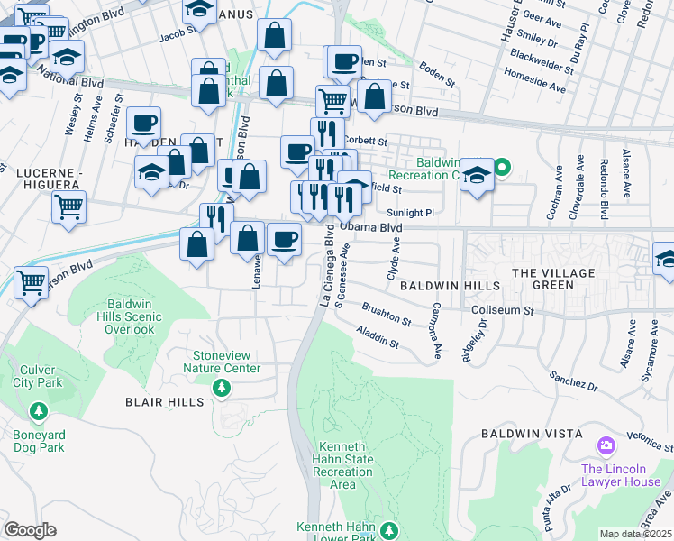 map of restaurants, bars, coffee shops, grocery stores, and more near 3709 South Genesee Avenue in Los Angeles