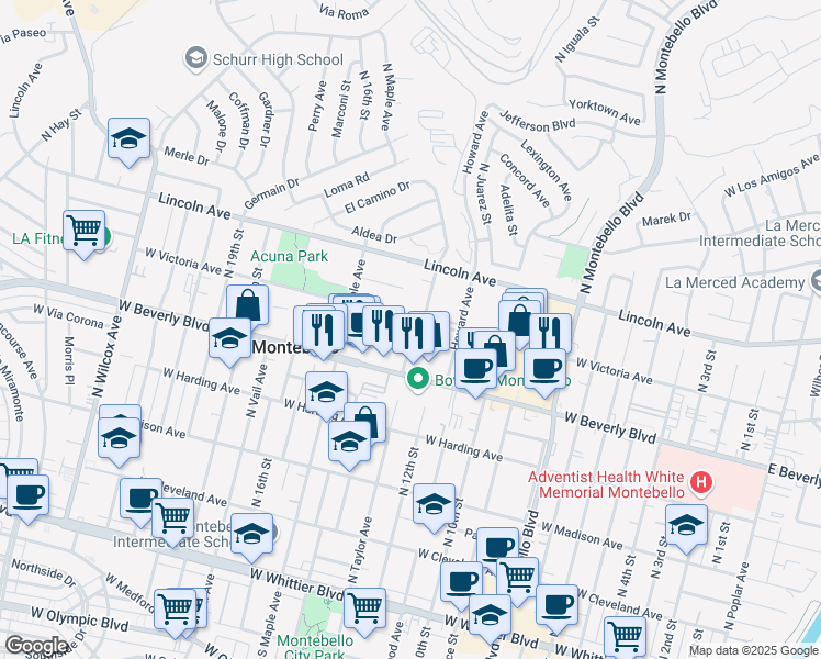 map of restaurants, bars, coffee shops, grocery stores, and more near 545 North Taylor Avenue in Montebello
