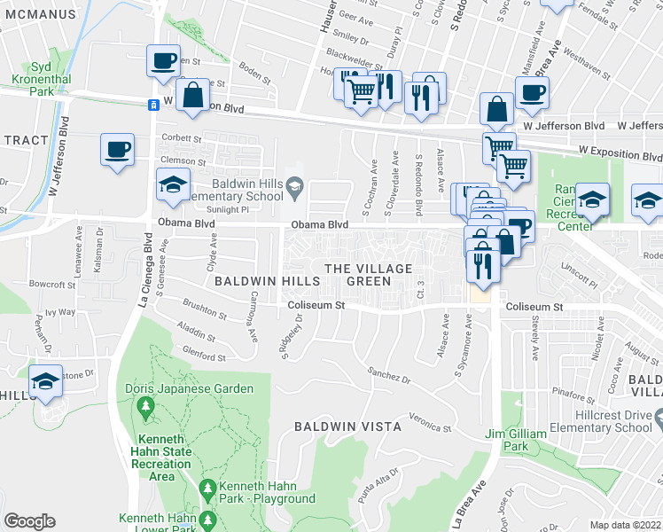 map of restaurants, bars, coffee shops, grocery stores, and more near 5421 1/2 Village Green in Los Angeles