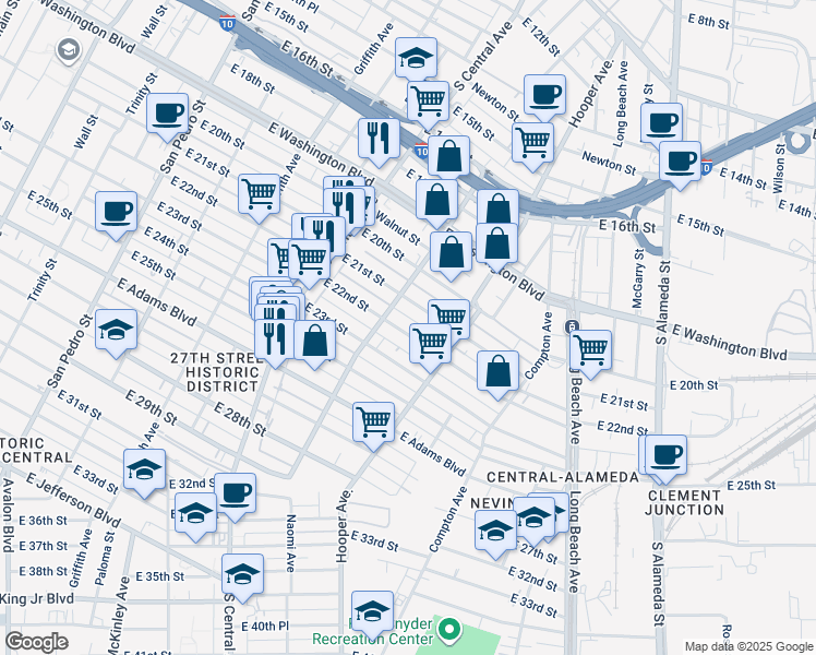 map of restaurants, bars, coffee shops, grocery stores, and more near 1427 East 22nd Street in Los Angeles