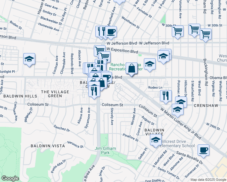 map of restaurants, bars, coffee shops, grocery stores, and more near 5018 Obama Boulevard in Los Angeles