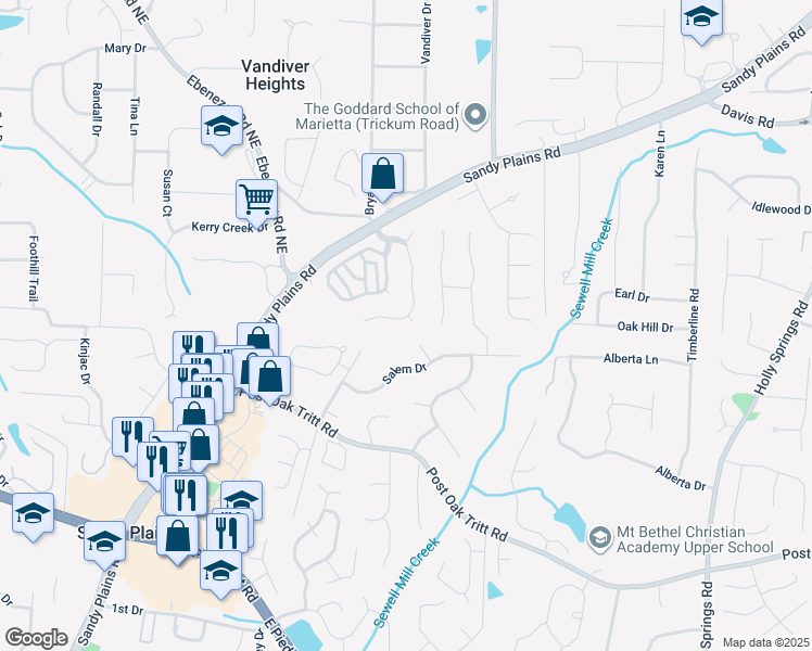 map of restaurants, bars, coffee shops, grocery stores, and more near 2718 Harper Woods Drive in Marietta