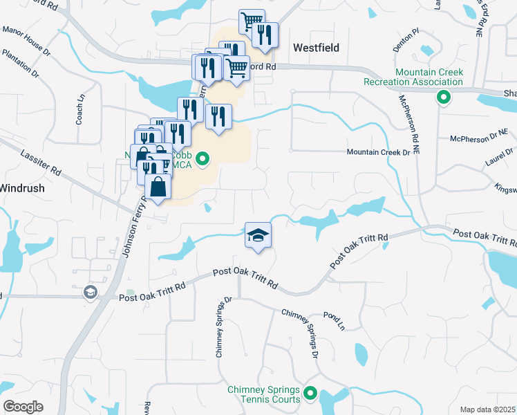 map of restaurants, bars, coffee shops, grocery stores, and more near 4557 Wenden Lane in Marietta