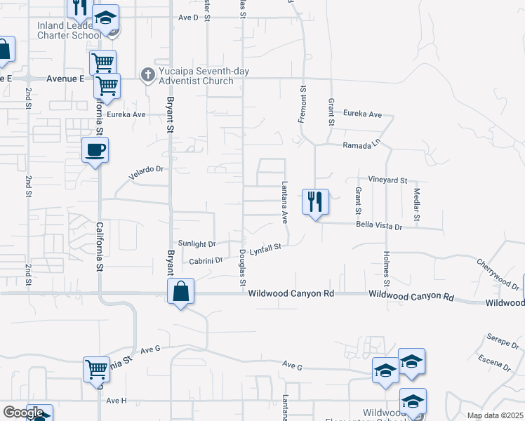 map of restaurants, bars, coffee shops, grocery stores, and more near 35550 Bella Vista Drive in Yucaipa