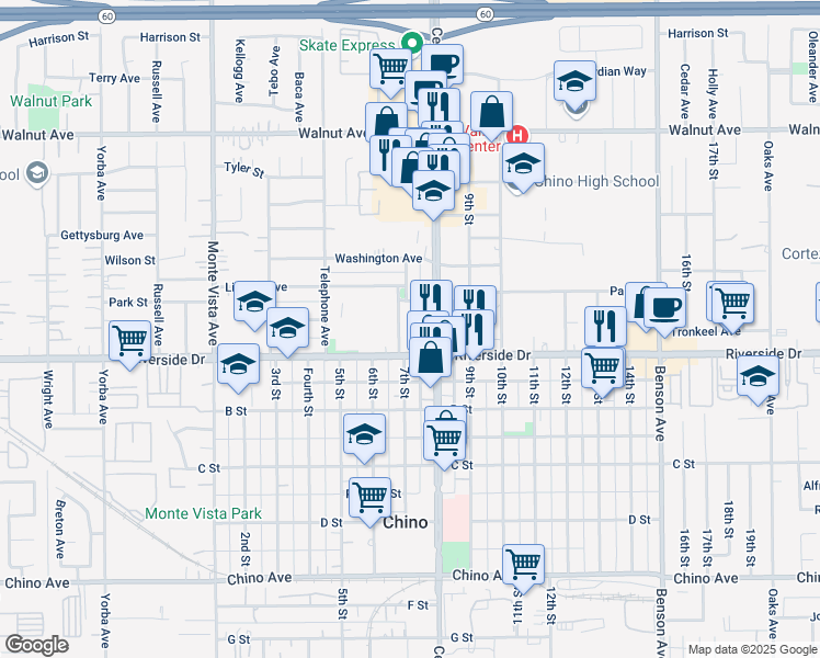 map of restaurants, bars, coffee shops, grocery stores, and more near 12845 7th Street in Chino