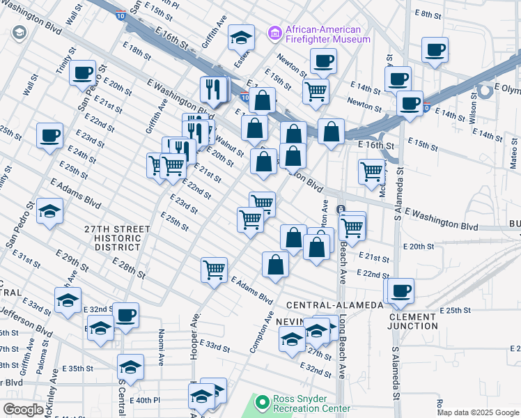 map of restaurants, bars, coffee shops, grocery stores, and more near 1464 East 21st Street in Los Angeles