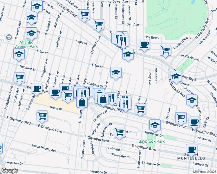 map of restaurants, bars, coffee shops, grocery stores, and more near 5911 East Hubbard Street in East Los Angeles