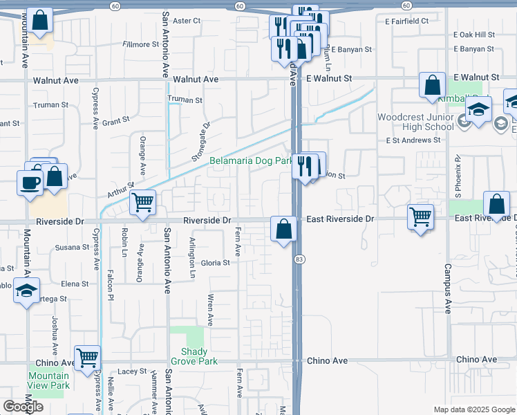map of restaurants, bars, coffee shops, grocery stores, and more near 2957 South Via Belamaria in Ontario