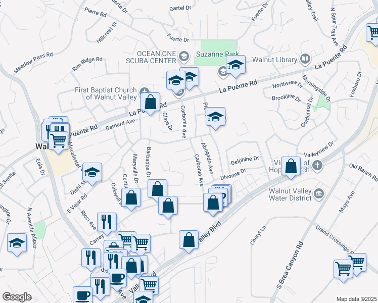 map of restaurants, bars, coffee shops, grocery stores, and more near 20640 Evant Drive in Walnut