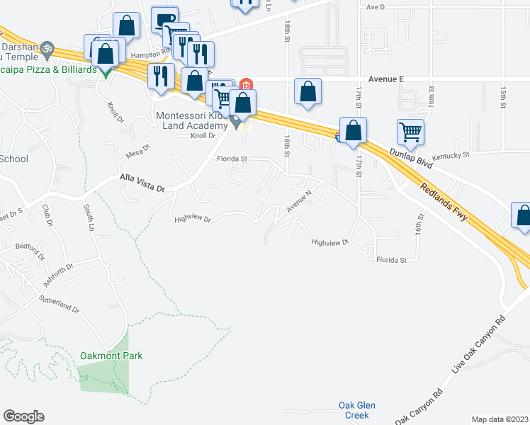 map of restaurants, bars, coffee shops, grocery stores, and more near Highview Drive in Redlands