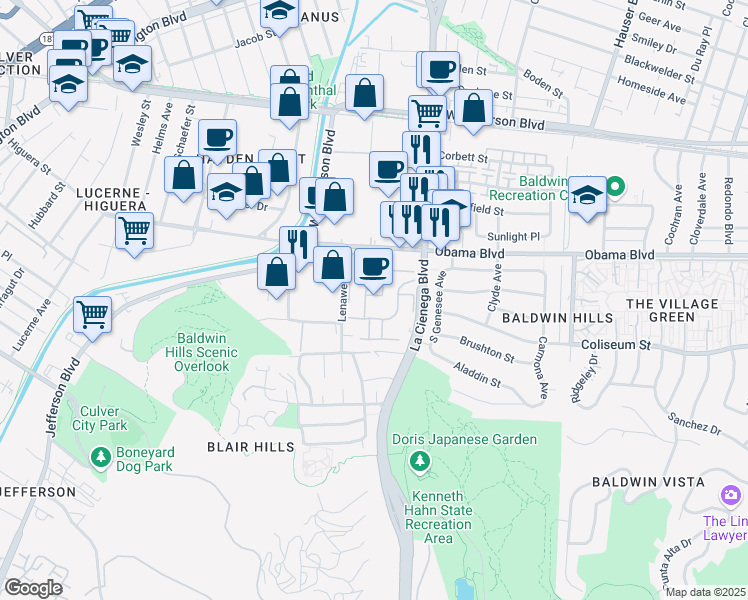 map of restaurants, bars, coffee shops, grocery stores, and more near 3644 Kalsman Drive in Los Angeles