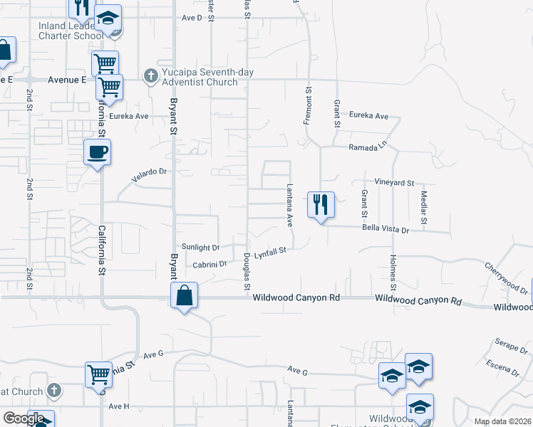 map of restaurants, bars, coffee shops, grocery stores, and more near 35550 Bella Vista Drive in Yucaipa