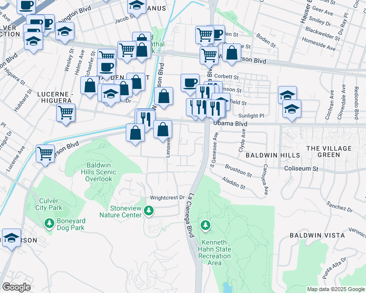 map of restaurants, bars, coffee shops, grocery stores, and more near 5837 Bowcroft Street in Los Angeles