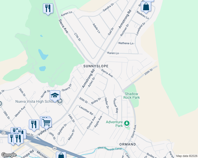 map of restaurants, bars, coffee shops, grocery stores, and more near 6721 Zuma Place in Riverside