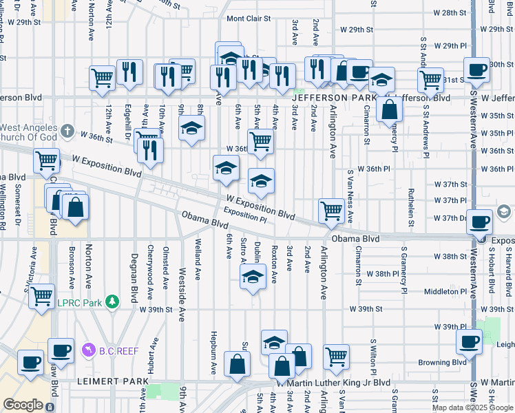 map of restaurants, bars, coffee shops, grocery stores, and more near Exposition Boulevard & 5th Avenue in Los Angeles