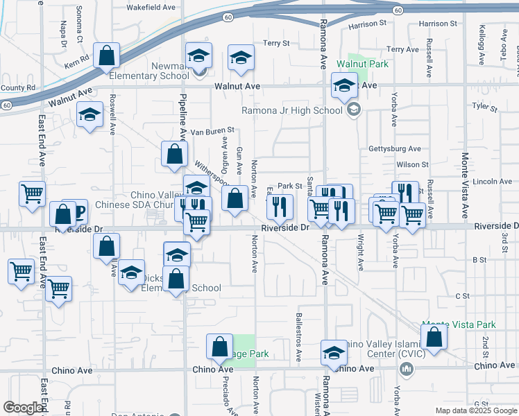 map of restaurants, bars, coffee shops, grocery stores, and more near 12841 Norton Ave in Chino