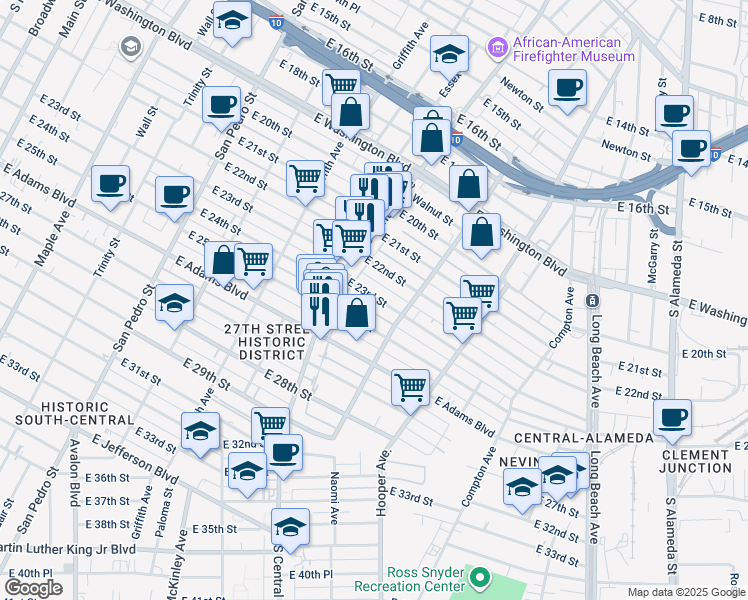 map of restaurants, bars, coffee shops, grocery stores, and more near 1344 East 23rd Street in Los Angeles