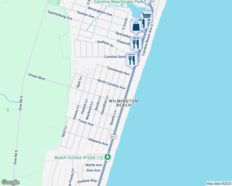 map of restaurants, bars, coffee shops, grocery stores, and more near 1311 Snapper Lane in Carolina Beach