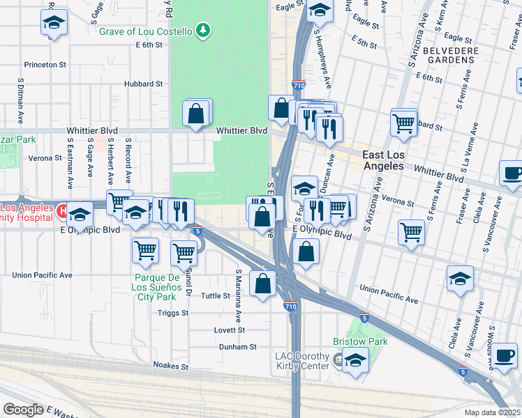 map of restaurants, bars, coffee shops, grocery stores, and more near 1142 1/2 Wilkins Avenue in Los Angeles