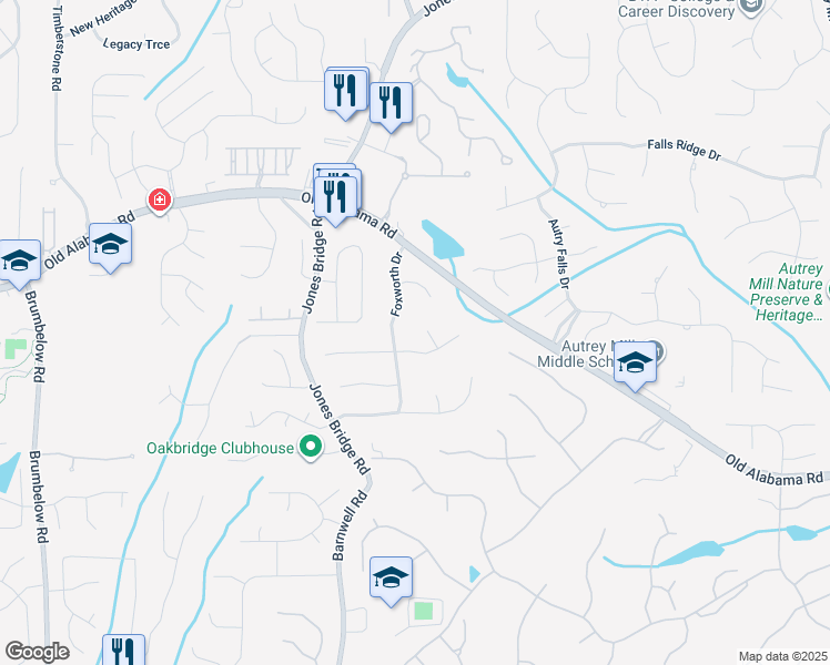 map of restaurants, bars, coffee shops, grocery stores, and more near 110 Foxbrush Circle in Alpharetta