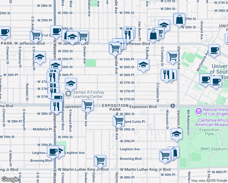 map of restaurants, bars, coffee shops, grocery stores, and more near 1408 West 37th Place in Los Angeles