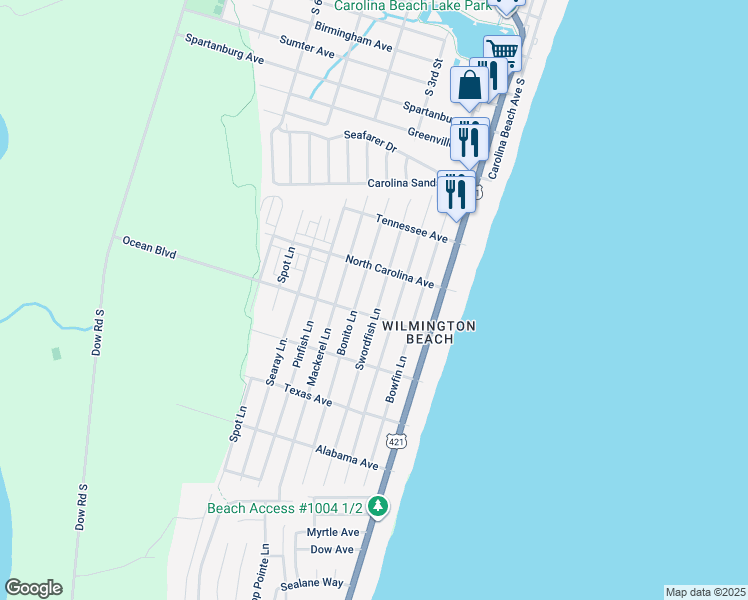 map of restaurants, bars, coffee shops, grocery stores, and more near 1316 Swordfish Lane in Carolina Beach