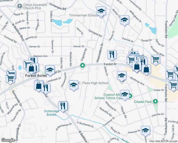 map of restaurants, bars, coffee shops, grocery stores, and more near 1502 Brentwood Drive in Columbia