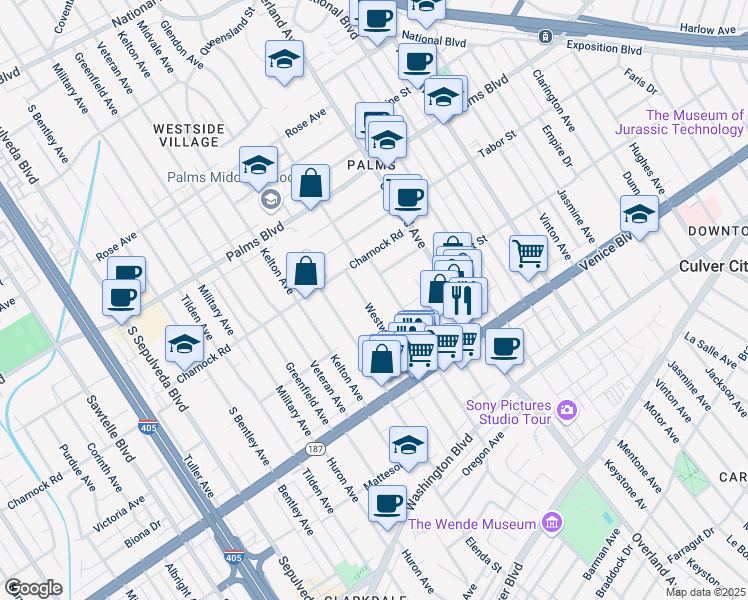 map of restaurants, bars, coffee shops, grocery stores, and more near 3652 Westwood Boulevard in Los Angeles